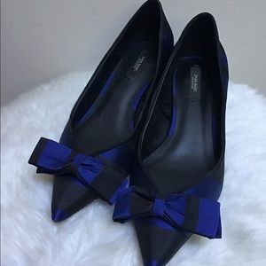 Zara blue and black striped kitten heels with bows